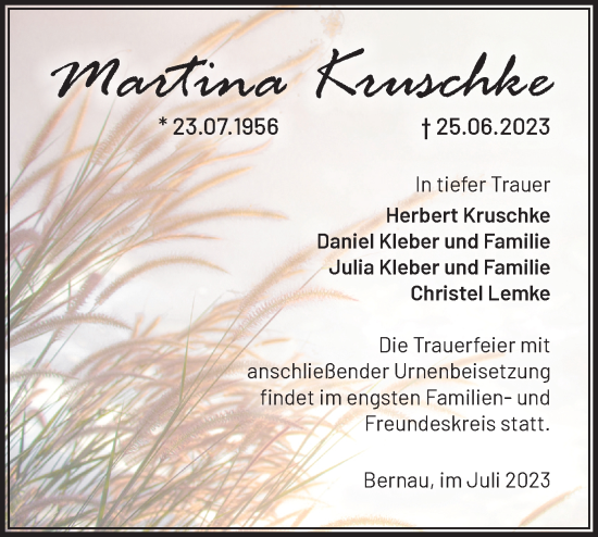 Traueranzeige von Martina Kruschke von Märkische Oderzeitung