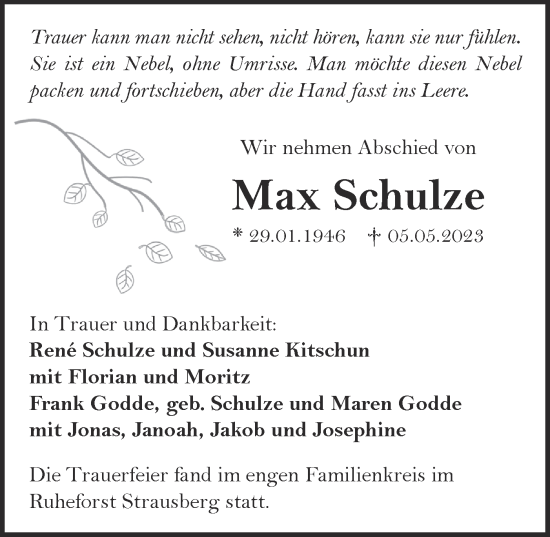 Traueranzeige von Max Schulze von Märkische Oderzeitung