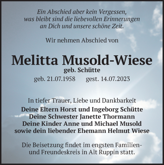 Traueranzeige von Melitta Musold-Wiese von Märkische Oderzeitung