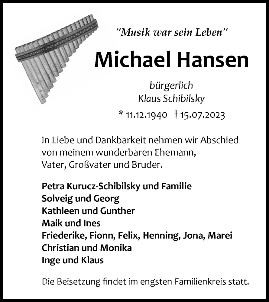  Traueranzeige für Michael Hansen vom 29.07.2023 aus Märkische Oderzeitung