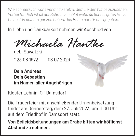 Traueranzeige von Michaela Hantke von Märkische Oderzeitung