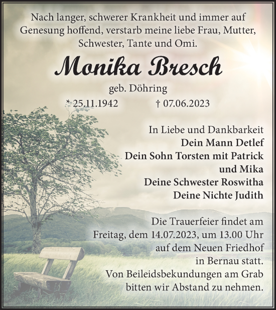 Traueranzeige von Monika Bresch von Märkische Oderzeitung