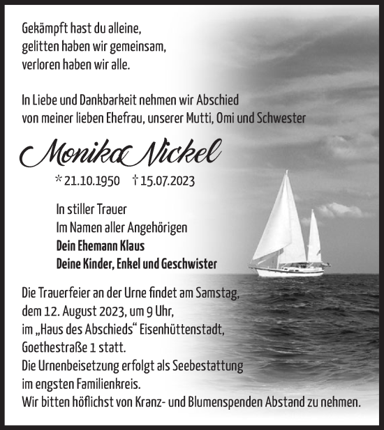 Traueranzeige von Monika Nickel von Märkische Oderzeitung