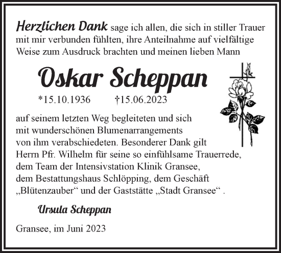 Traueranzeige von Oskar Scheppan von Märkische Oderzeitung