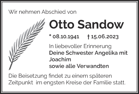 Traueranzeige von Otto Sandow von Märkische Oderzeitung