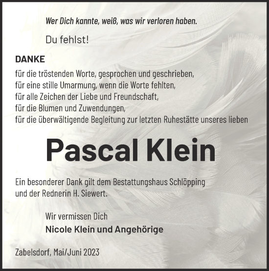 Traueranzeige von Pascal Klein von Märkische Oderzeitung