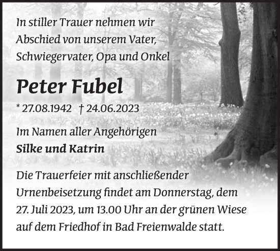 Traueranzeige von Peter Fubel von Märkische Oderzeitung