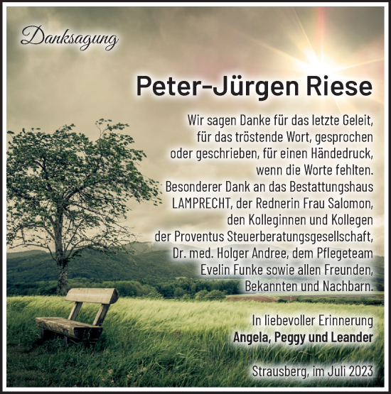 Traueranzeige von Peter-Jürgen Riese von Märkische Oderzeitung