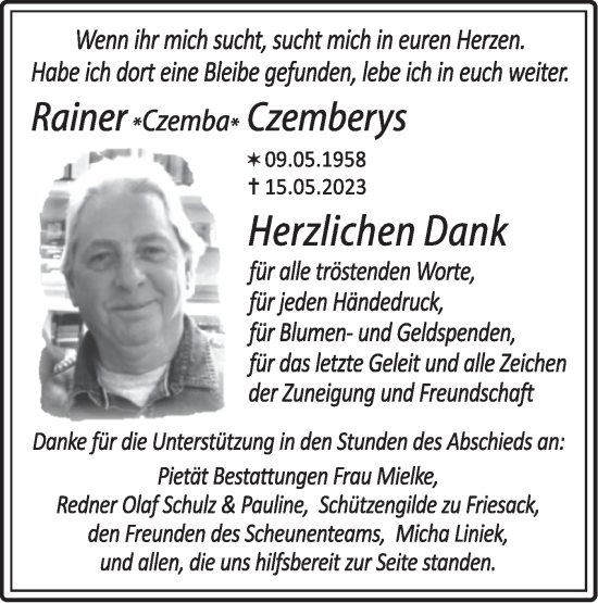 Traueranzeige von Rainer Czemberys von Märkische Oderzeitung