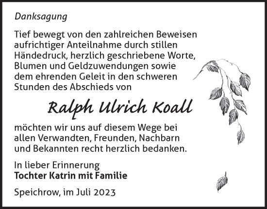 Traueranzeige von Ralph Koall von Märkische Oderzeitung