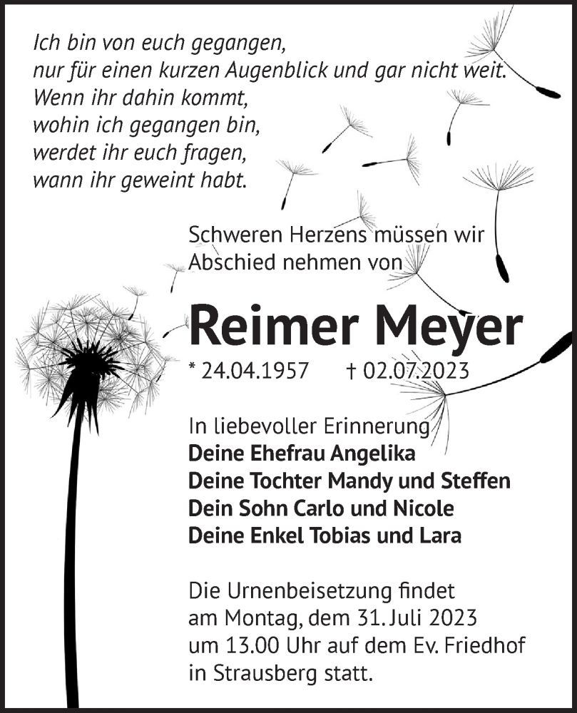  Traueranzeige für Reimer Meyer vom 08.07.2023 aus Märkische Oderzeitung