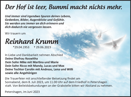 Traueranzeige von Reinhard Krumm von Märkische Oderzeitung