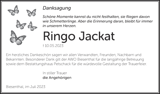 Traueranzeige von Ringo Jackat von Märkische Oderzeitung