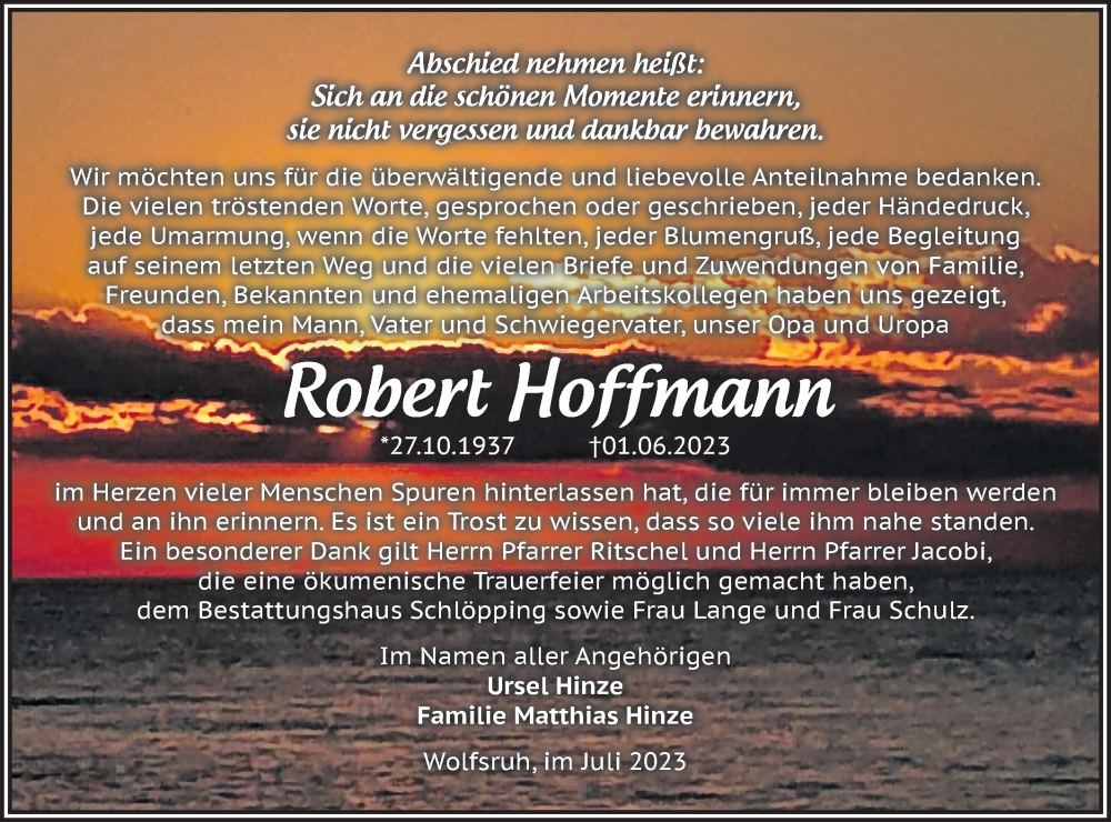  Traueranzeige für Robert Hoffmann vom 22.07.2023 aus Märkische Oderzeitung