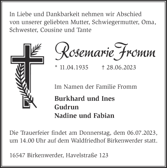 Traueranzeige von Rosemarie Fromm von Märkische Oderzeitung