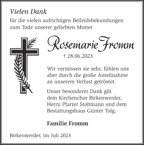 Traueranzeige von Rosemarie Fromm von Märkische Oderzeitung