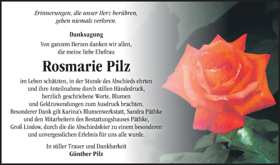 Traueranzeige von Rosmarie Pilz von Märkische Oderzeitung