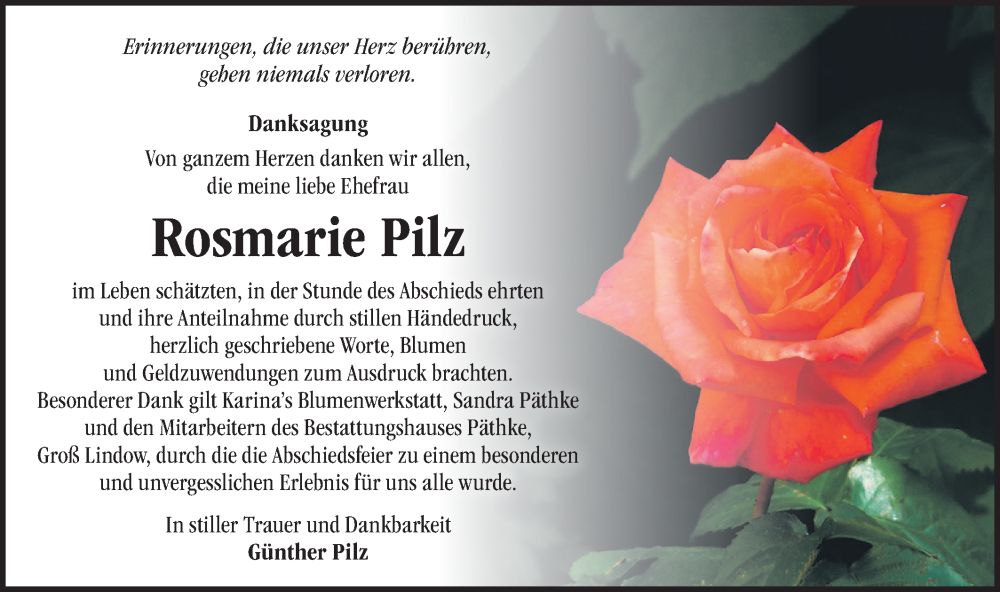  Traueranzeige für Rosmarie Pilz vom 01.07.2023 aus Märkische Oderzeitung