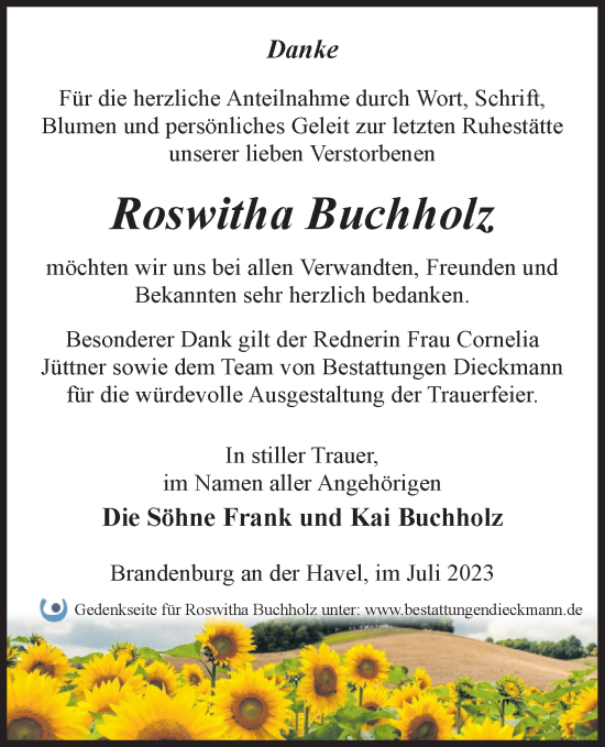 Traueranzeige von Roswitha  Buchholz von Märkische Oderzeitung