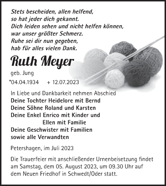 Traueranzeige von Ruth Meyer von Märkische Oderzeitung