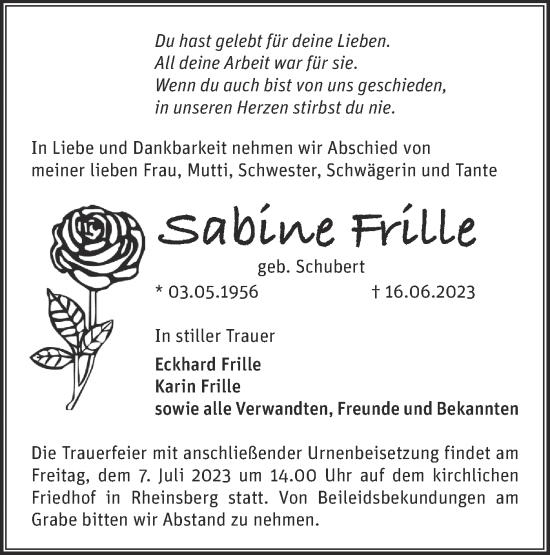 Traueranzeige von Sabine Frille von Märkische Oderzeitung