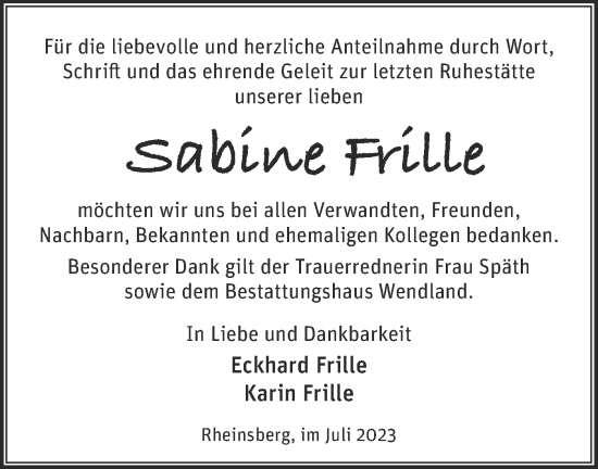 Traueranzeige von Sabine Frille von Märkische Oderzeitung