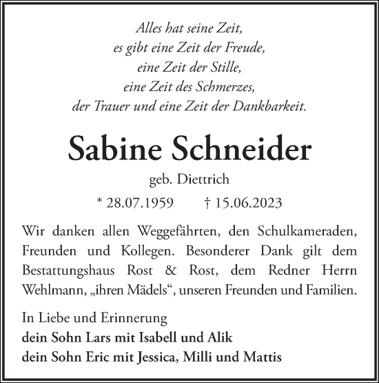 Traueranzeige von Sabine Schneider von Märkische Oderzeitung