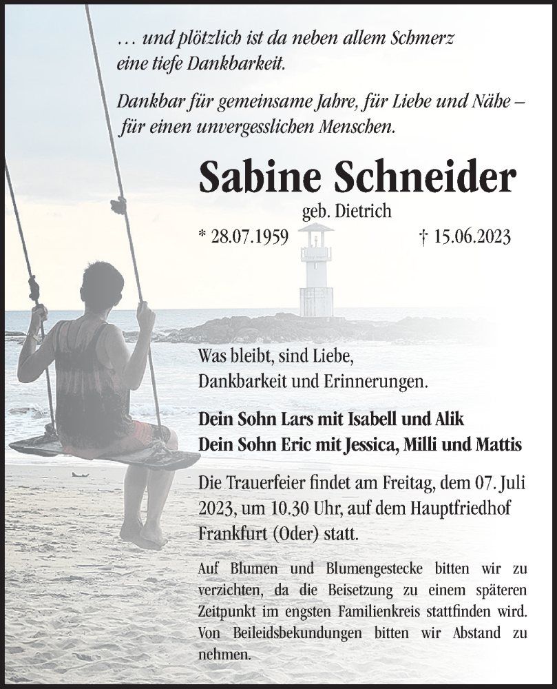  Traueranzeige für Sabine Schneider vom 01.07.2023 aus Märkische Oderzeitung