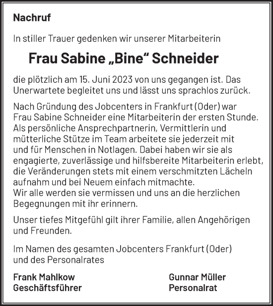 Traueranzeige von Sabine Schneider von Märkische Oderzeitung