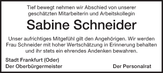 Traueranzeige von Sabine Schneider von Märkische Oderzeitung