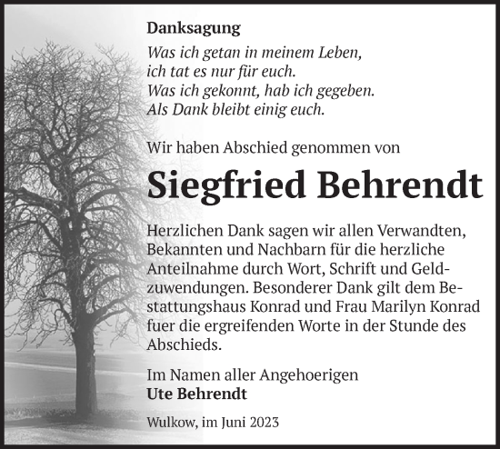 Traueranzeige von Siegfried Behrendt von Märkische Oderzeitung