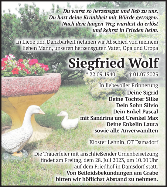 Traueranzeige von Siegfried Wolf von Märkische Oderzeitung