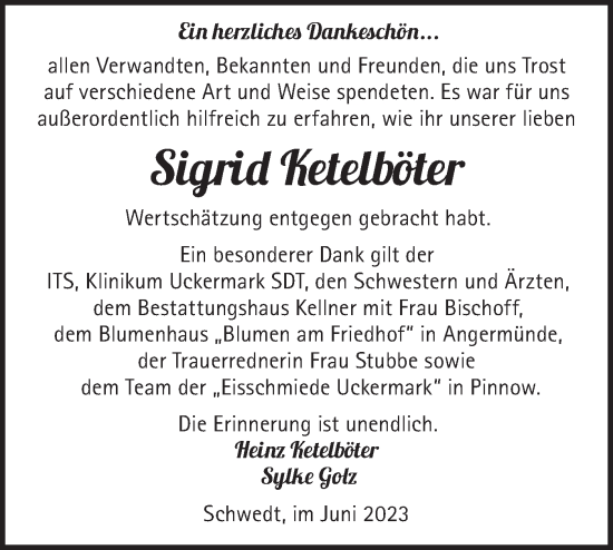 Traueranzeige von Sigrid Ketelböter von Märkische Oderzeitung