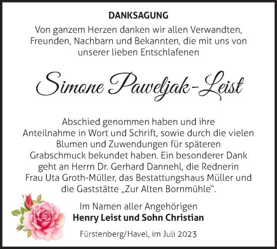 Traueranzeige von Simone Paweljak-Leist von Märkische Oderzeitung