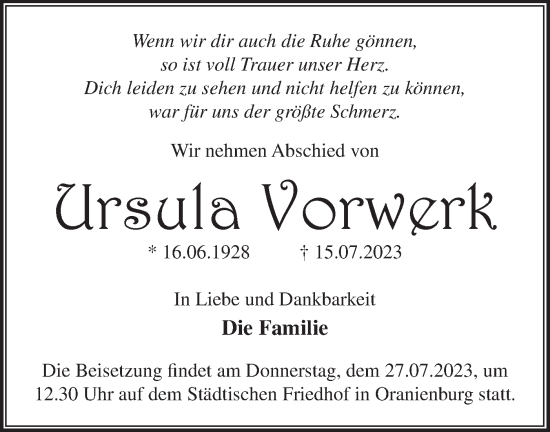 Traueranzeige von Ursula Vorwerk von Märkische Oderzeitung