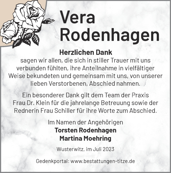 Traueranzeige von Vera Rodenhagen von Märkische Oderzeitung