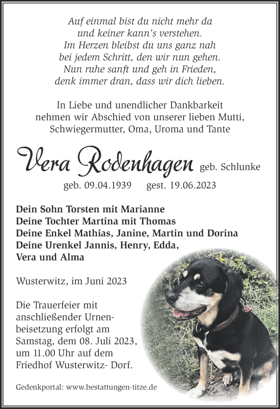 Traueranzeige von Vera Rodenhagen von Märkische Oderzeitung