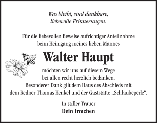 Traueranzeige von Walter Haupt von Märkische Oderzeitung