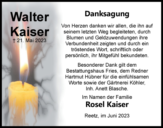 Traueranzeige von Walter Kaiser von Märkische Oderzeitung