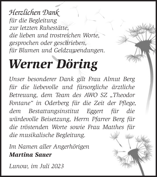 Traueranzeige von Werner Döring von Märkische Oderzeitung