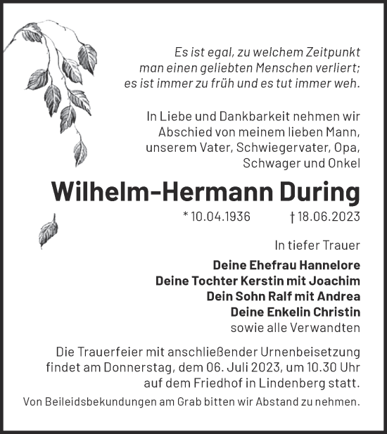 Traueranzeige von Wilhelm-Hermann During von Märkische Oderzeitung