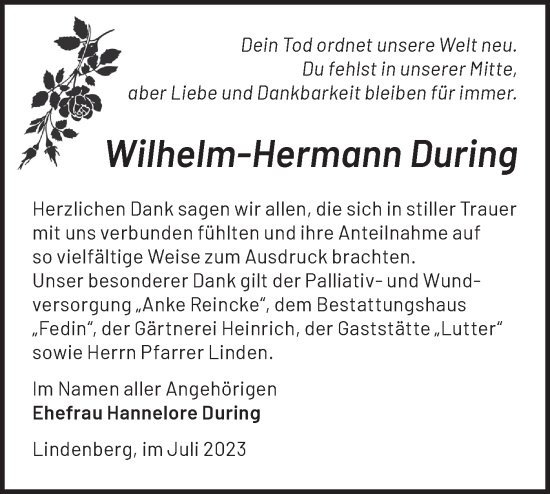 Traueranzeige von Wilhelm-Hermann During von Märkische Oderzeitung