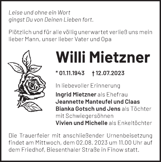 Traueranzeige von Willi Mietzner von Märkische Oderzeitung