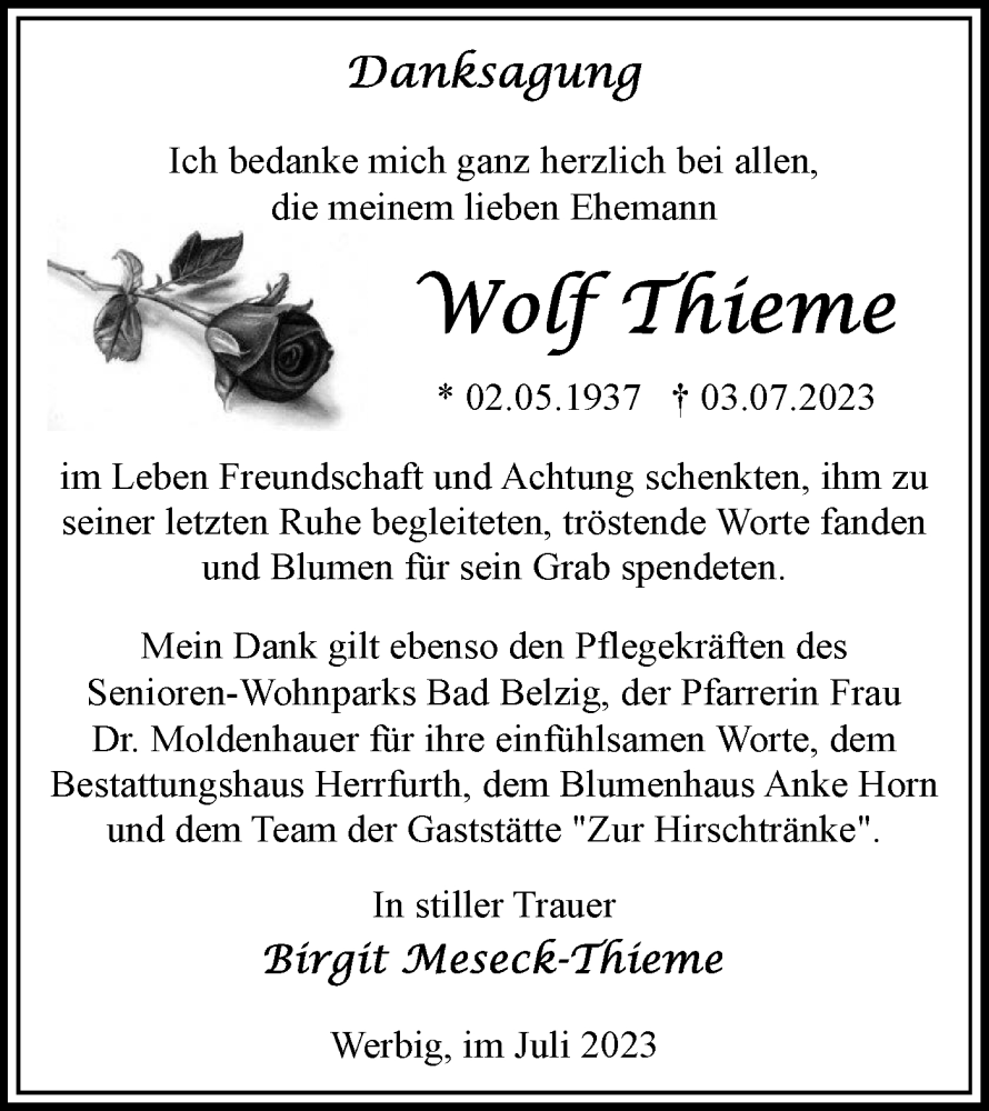  Traueranzeige für Wolf Thieme vom 22.07.2023 aus Märkische Oderzeitung