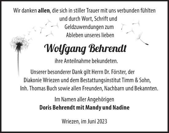 Traueranzeige von Wolfgang Behrendt von Märkische Oderzeitung