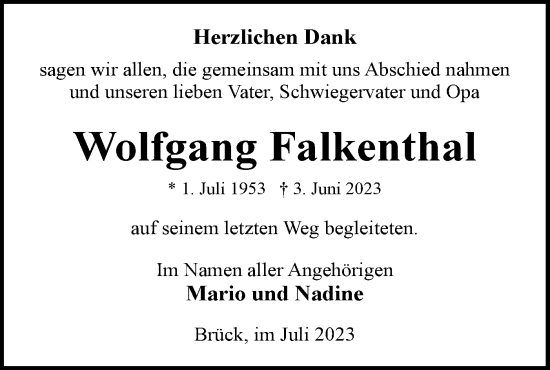 Traueranzeige von Wolfgang Falkenthal von Märkische Oderzeitung