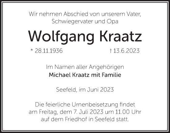 Traueranzeige von Wolfgang Kraatz von Märkische Oderzeitung