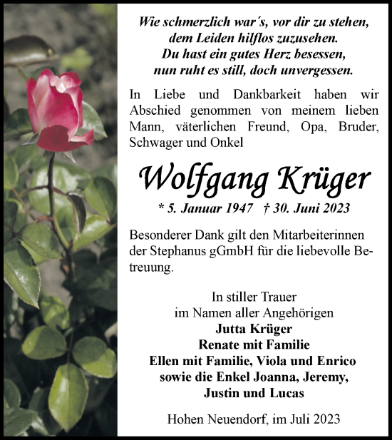 Traueranzeige von Wolfgang Krüger von Märkische Oderzeitung