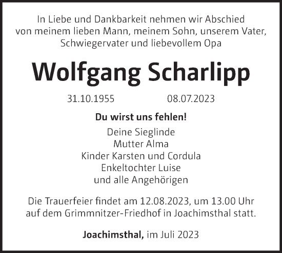 Traueranzeige von Wolfgang Scharlipp von Märkische Oderzeitung