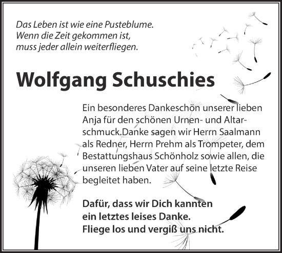 Traueranzeige von Wolfgang Schuschies von Märkische Oderzeitung